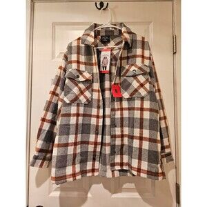 Flannel Shirt Jacket Women's Medium New w/ Tags HFX Brown Tan Grey Snap Buttons